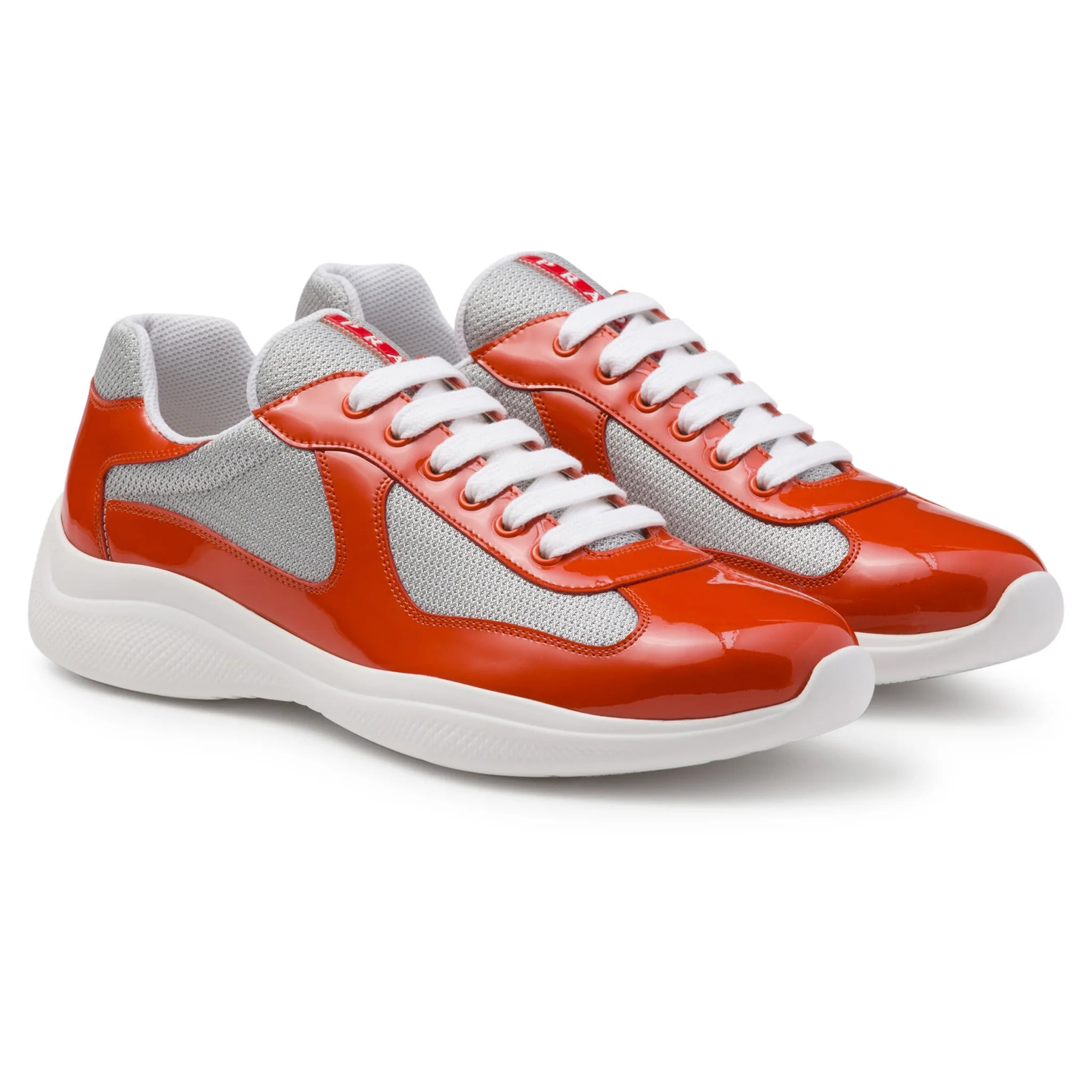 Front side view of Prada Americas Cup Orange Silver Sneaker 4E3400_ASZ_F0Q2O